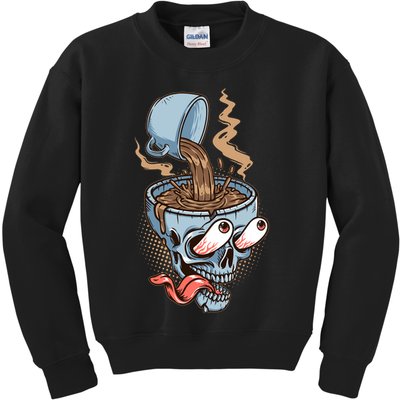 Funny Coffee Lover Addict Skull Kids Sweatshirt