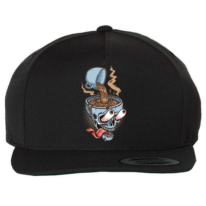 Funny Coffee Lover Addict Skull Wool Snapback Cap