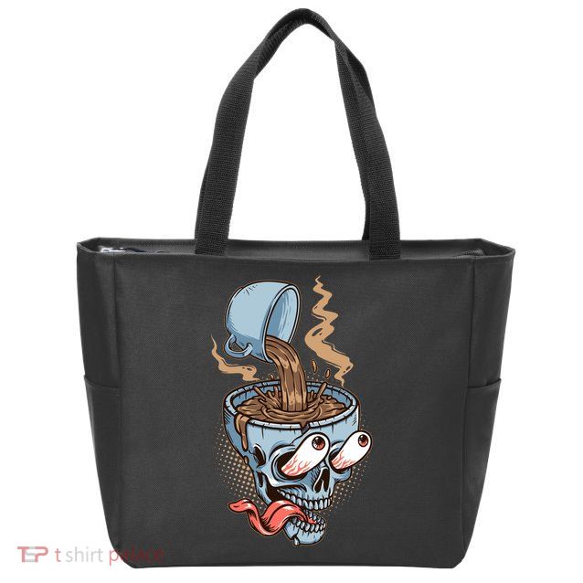 Funny Coffee Lover Addict Skull Zip Tote Bag