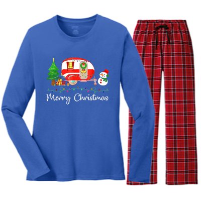 Funny Camping Merry Christmas Campers Snow Great Gift Women's Long Sleeve Flannel Pajama Set 