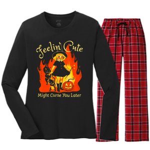 Feeling Cute Might Curse You Later Cute Witch Women's Long Sleeve Flannel Pajama Set 