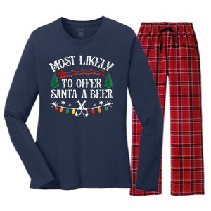 Funny Christmas Most Likely To Offer Santa A Beer Women's Long Sleeve Flannel Pajama Set 