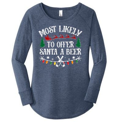 Funny Christmas Most Likely To Offer Santa A Beer Women's Perfect Tri Tunic Long Sleeve Shirt