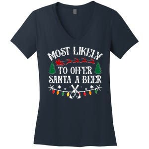 Funny Christmas Most Likely To Offer Santa A Beer Women's V-Neck T-Shirt