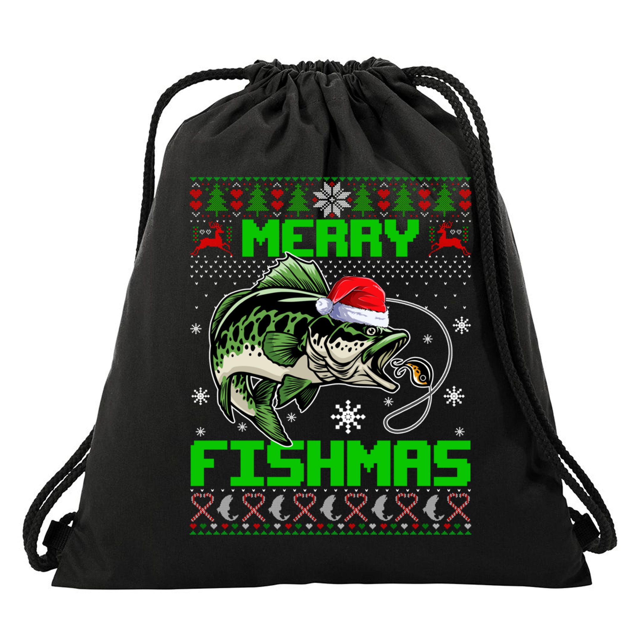 Fishing Christmas Merry Fishmas Bass Fish Ugly Xmas Sweater Cute Gift Drawstring Bag