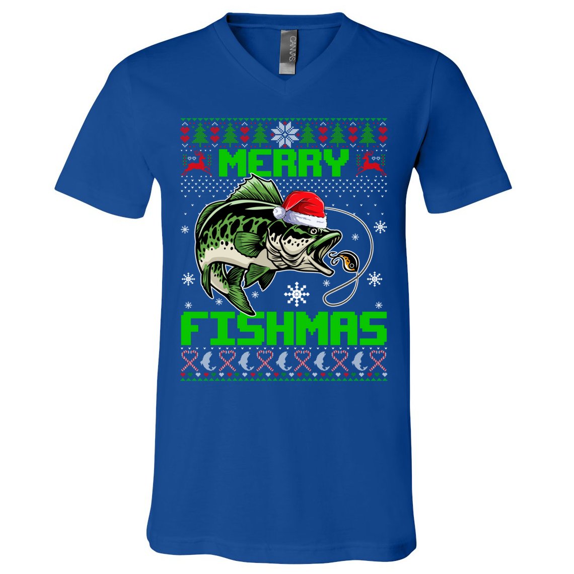 Fishing Christmas Merry Fishmas Bass Fish Ugly Xmas Sweater Cute Gift V-Neck T-Shirt
