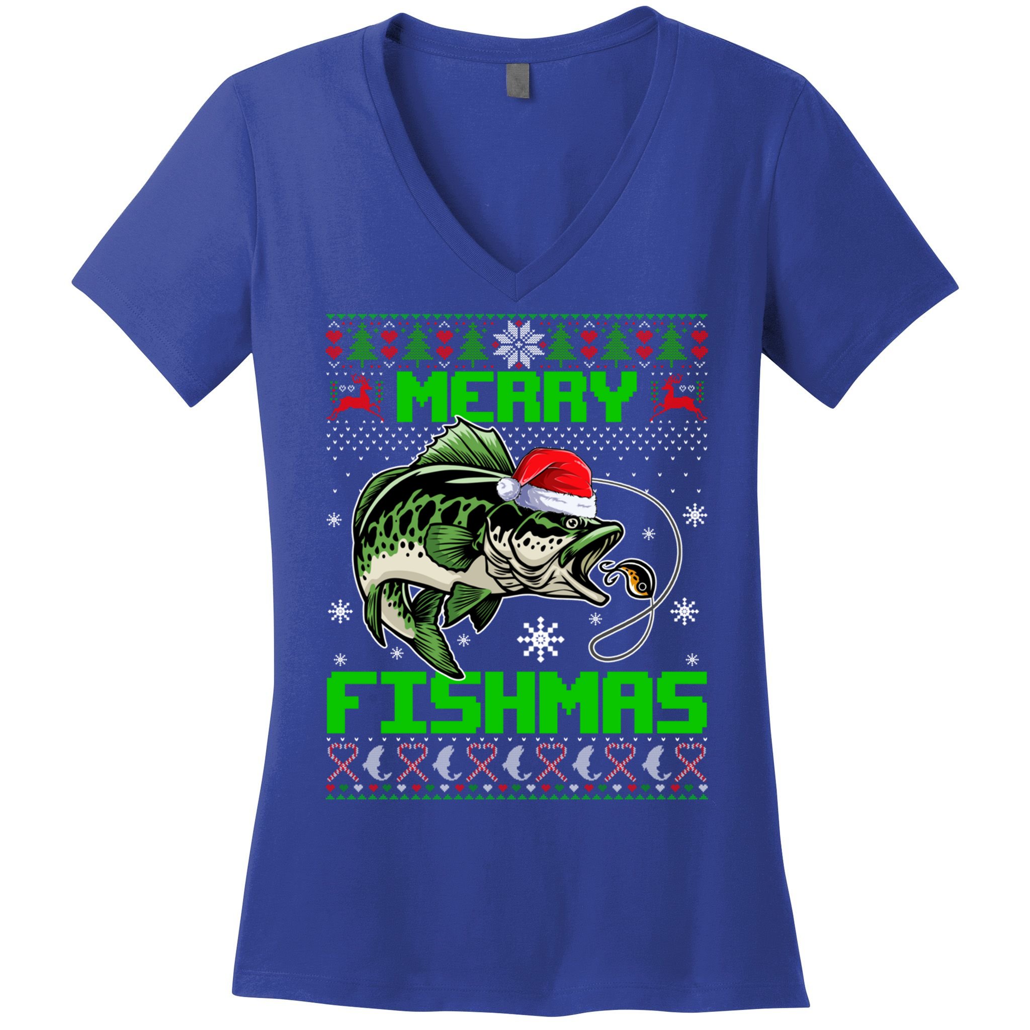 Fishing Christmas Merry Fishmas Bass Fish Ugly Xmas Sweater Cute Gift Women's V-Neck T-Shirt