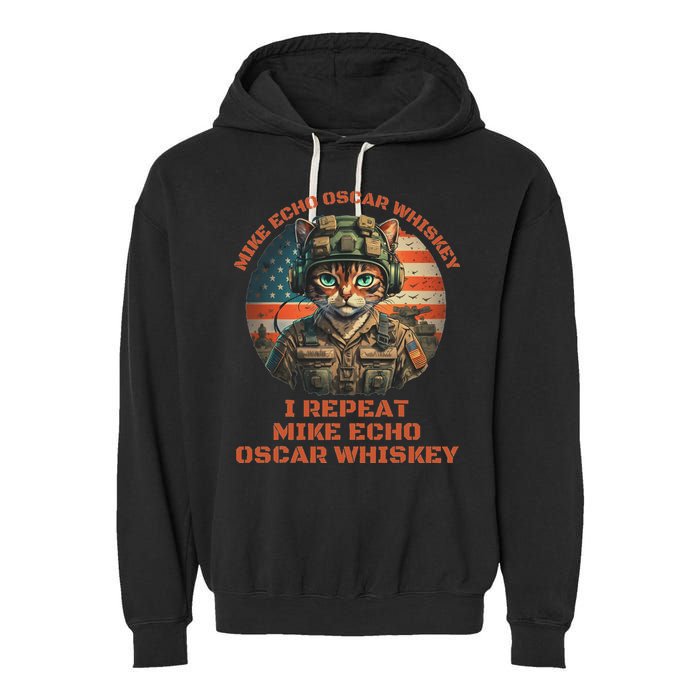Funny Cat Military Mike Echo Oscar Foxtrot Meow Garment-Dyed Fleece Hoodie