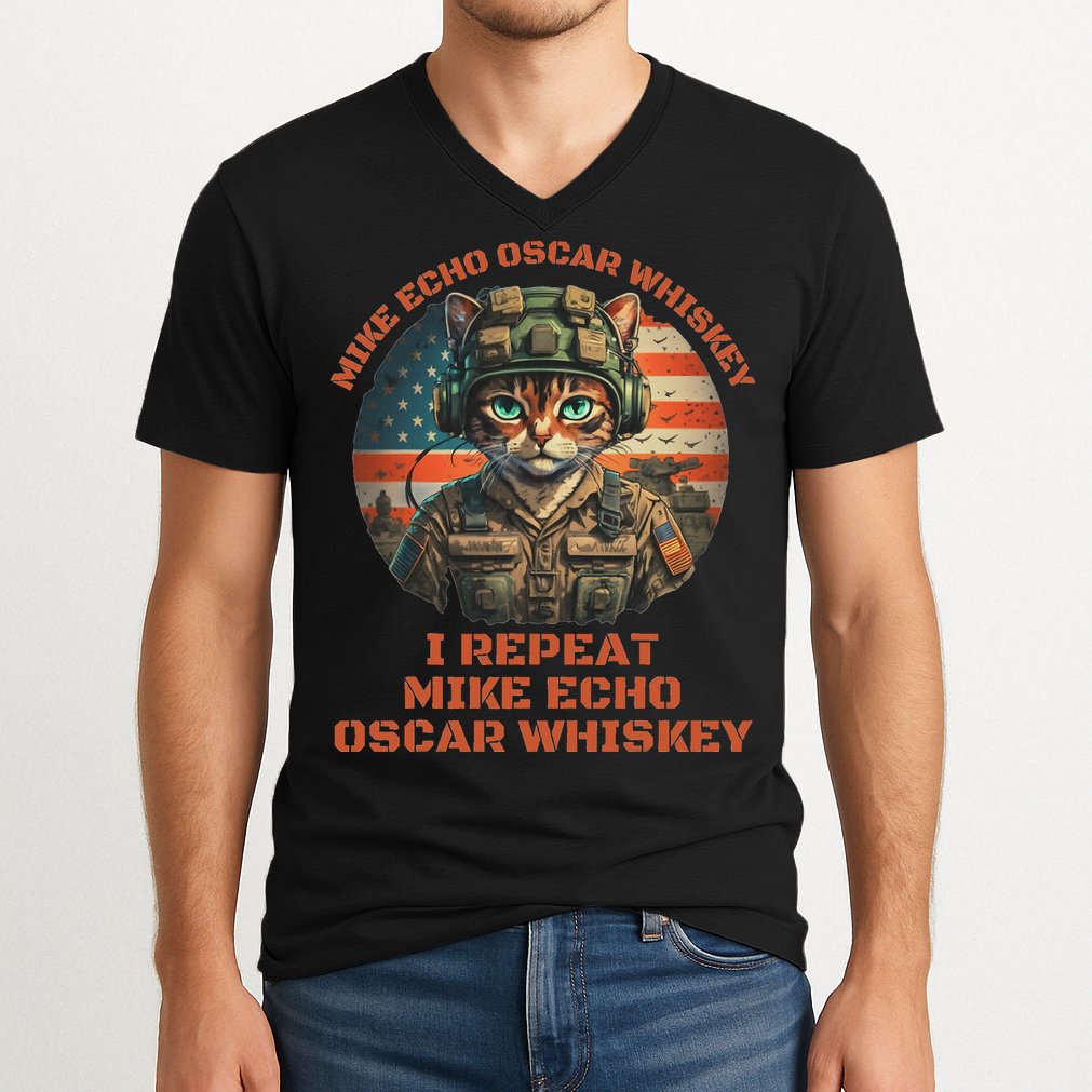 Funny Cat Military Mike Echo Oscar Foxtrot Meow V-Neck T-Shirt