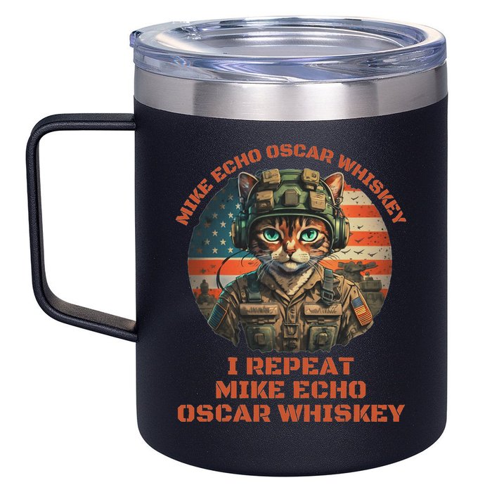 Funny Cat Military Mike Echo Oscar Foxtrot Meow 12oz Stainless Steel Coffee Mug