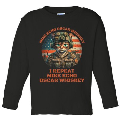 Funny Cat Military Mike Echo Oscar Foxtrot Meow Toddler Long Sleeve Shirt