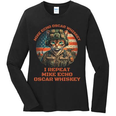 Funny Cat Military Mike Echo Oscar Foxtrot Meow Ladies Long Sleeve Shirt