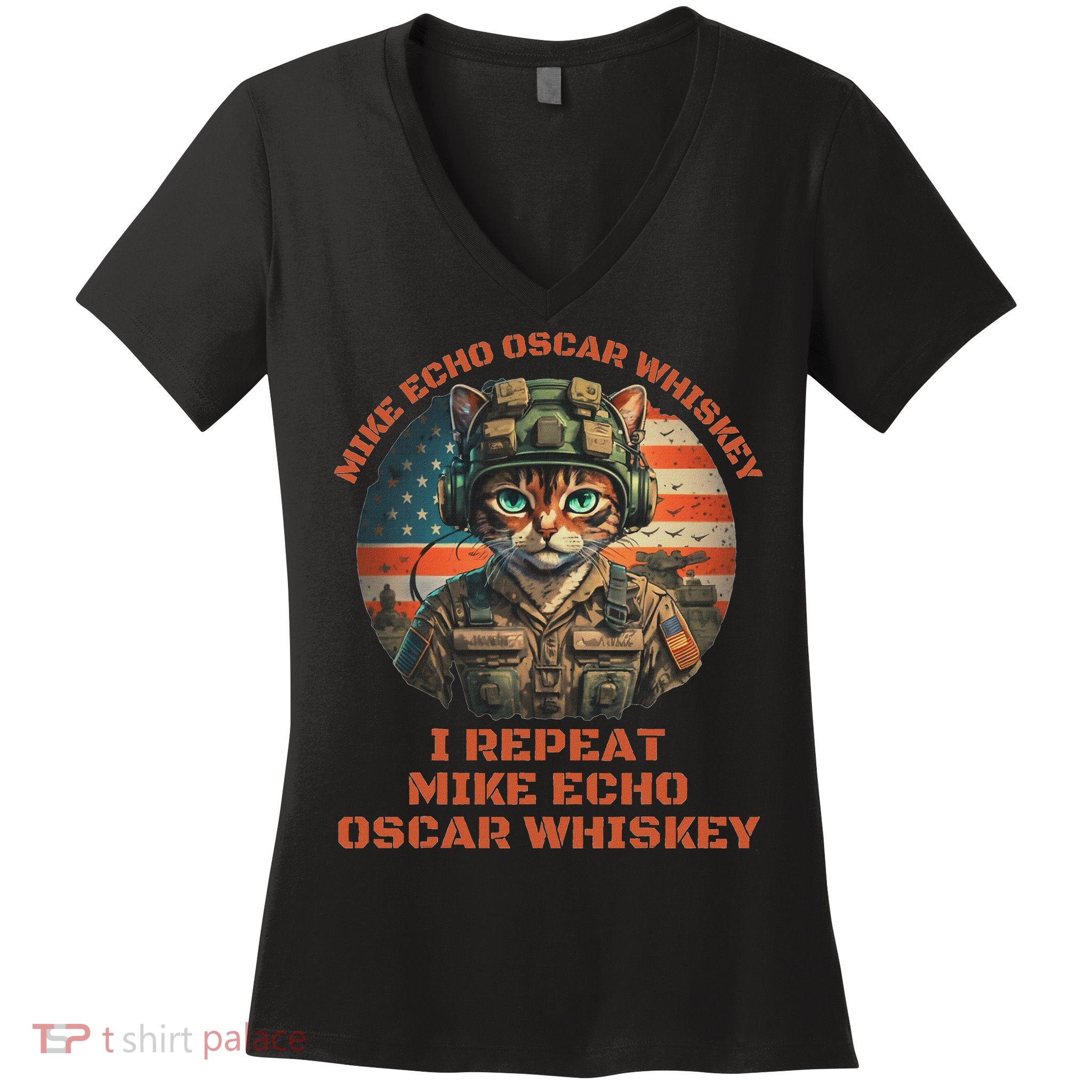 Funny Cat Military Mike Echo Oscar Foxtrot Meow Women's V-Neck T-Shirt