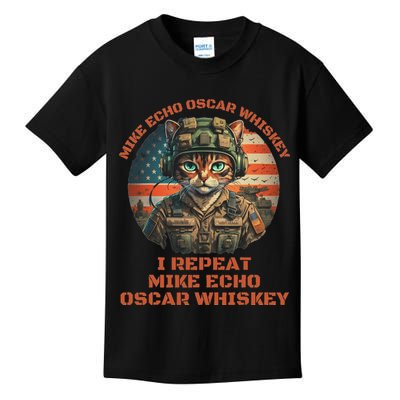 Funny Cat Military Mike Echo Oscar Foxtrot Meow Kids T-Shirt