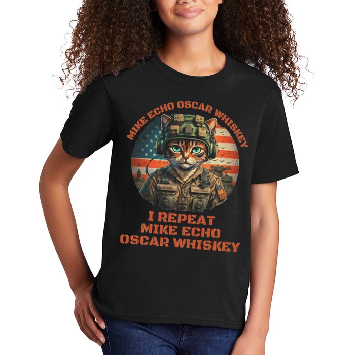 Funny Cat Military Mike Echo Oscar Foxtrot Meow Kids T-Shirt