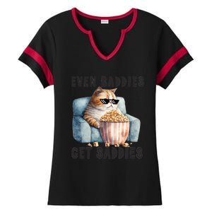 Funny Cat Meme Even Baddies Get Saddies Fat Cat Ladies Halftime Notch Neck Tee