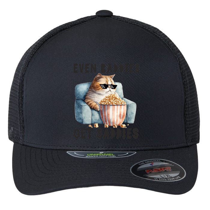 Funny Cat Meme Even Baddies Get Saddies Fat Cat Flexfit Unipanel Trucker Cap
