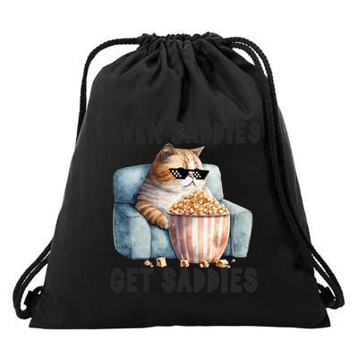 Funny Cat Meme Even Baddies Get Saddies Fat Cat Drawstring Bag