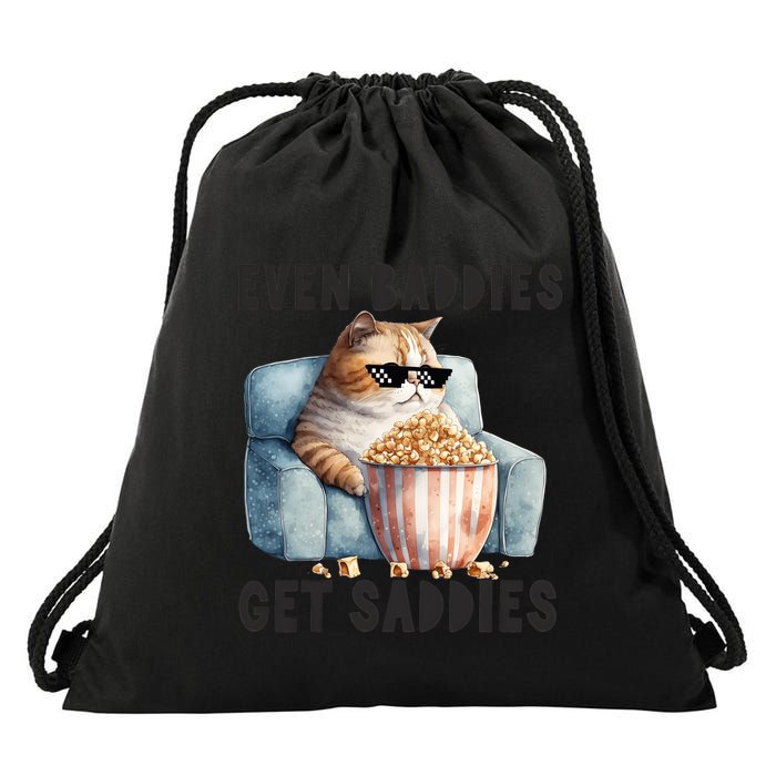 Funny Cat Meme Even Baddies Get Saddies Fat Cat Drawstring Bag