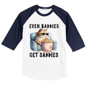 Funny Cat Meme Even Baddies Get Saddies Fat Cat Baseball Sleeve Shirt