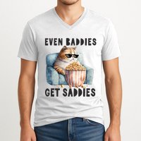 Funny Cat Meme Even Baddies Get Saddies Fat Cat V-Neck T-Shirt