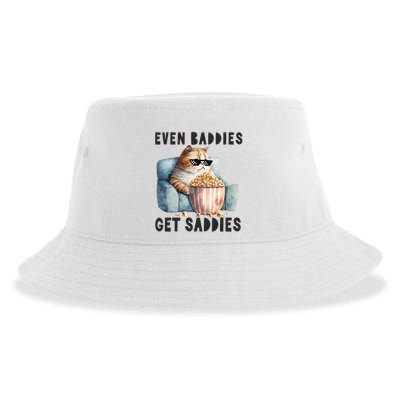 Funny Cat Meme Even Baddies Get Saddies Fat Cat Sustainable Bucket Hat