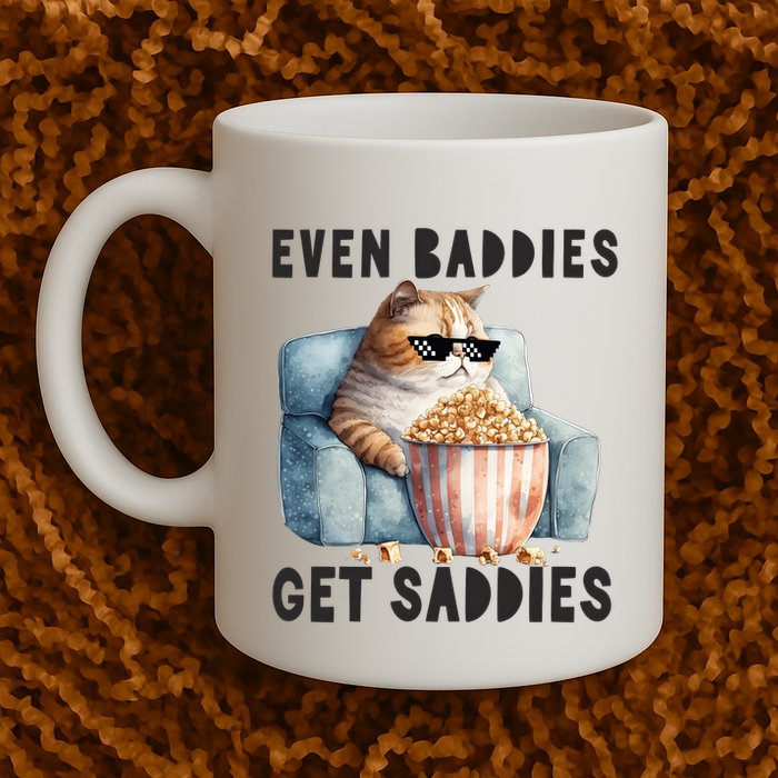 Funny Cat Meme Even Baddies Get Saddies Fat Cat Mug