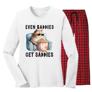 Funny Cat Meme Even Baddies Get Saddies Fat Cat Women's Long Sleeve Flannel Pajama Set 