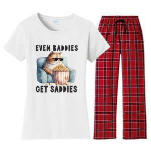 Funny Cat Meme Even Baddies Get Saddies Fat Cat Women's Flannel Pajama Set