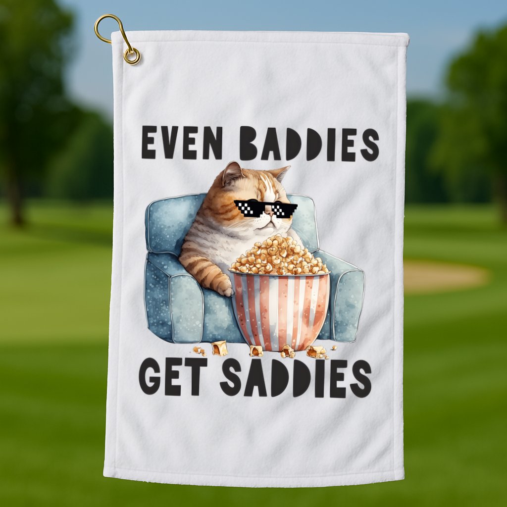 Funny Cat Meme Even Baddies Get Saddies Fat Cat Golf Towel