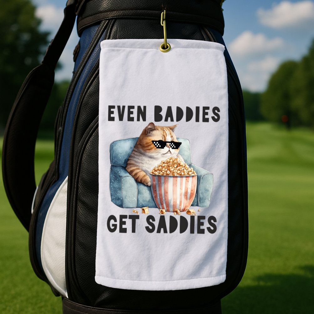 Funny Cat Meme Even Baddies Get Saddies Fat Cat Golf Towel