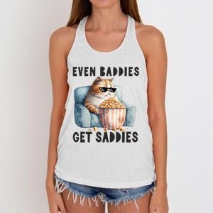 Funny Cat Meme Even Baddies Get Saddies Fat Cat Women's Knotted Racerback Tank