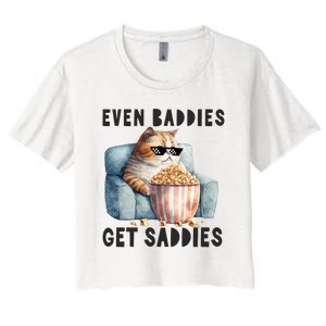 Funny Cat Meme Even Baddies Get Saddies Fat Cat Women's Crop Top Tee