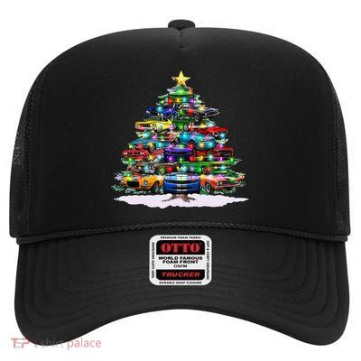 Funny Christmas Muscle Car Christmas Tree High Crown Mesh Back Trucker Hat