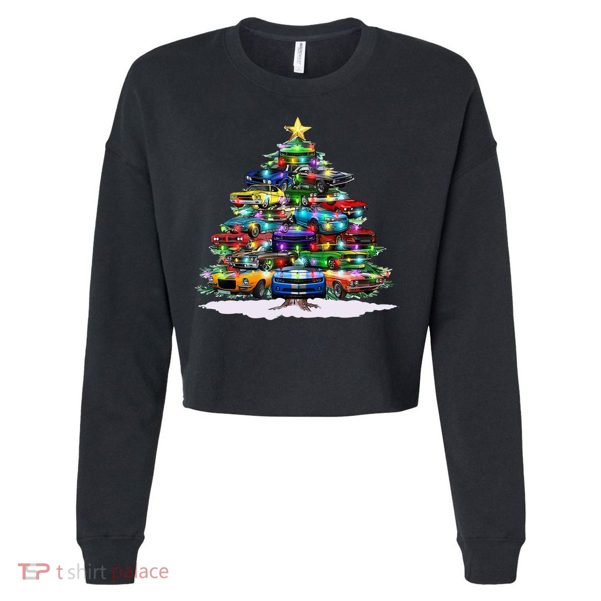 Funny Christmas Muscle Car Christmas Tree Cropped Pullover Crew