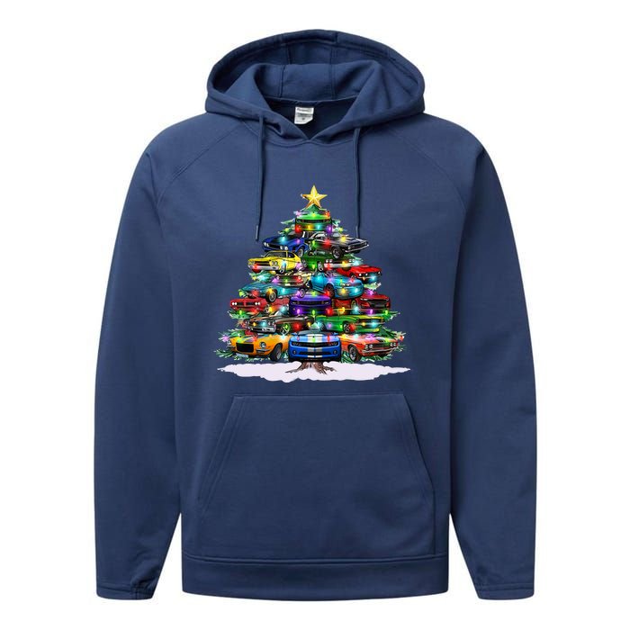 Funny Christmas Muscle Car Christmas Tree Performance Fleece Hoodie