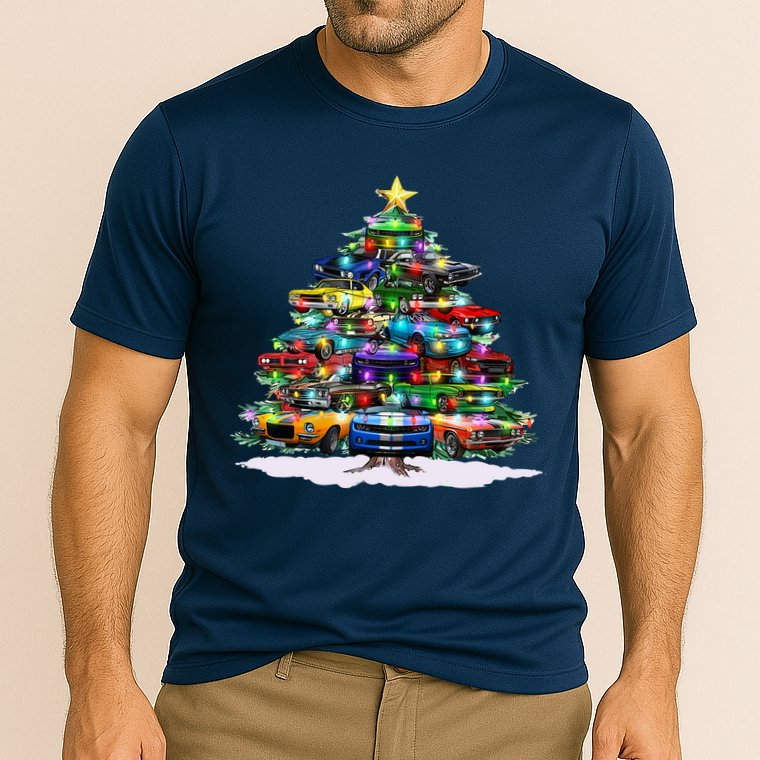 Funny Christmas Muscle Car Christmas Tree Cooling Performance Crew T-Shirt