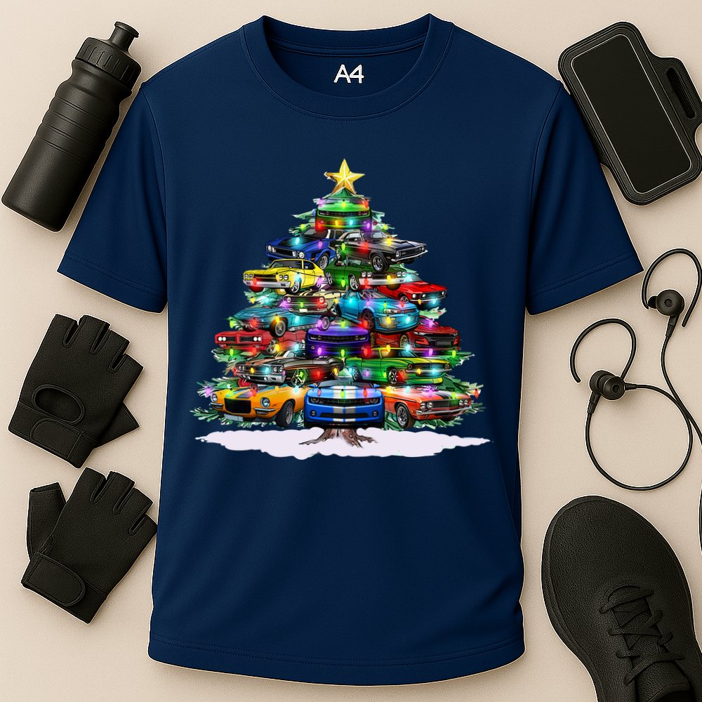 Funny Christmas Muscle Car Christmas Tree Cooling Performance Crew T-Shirt