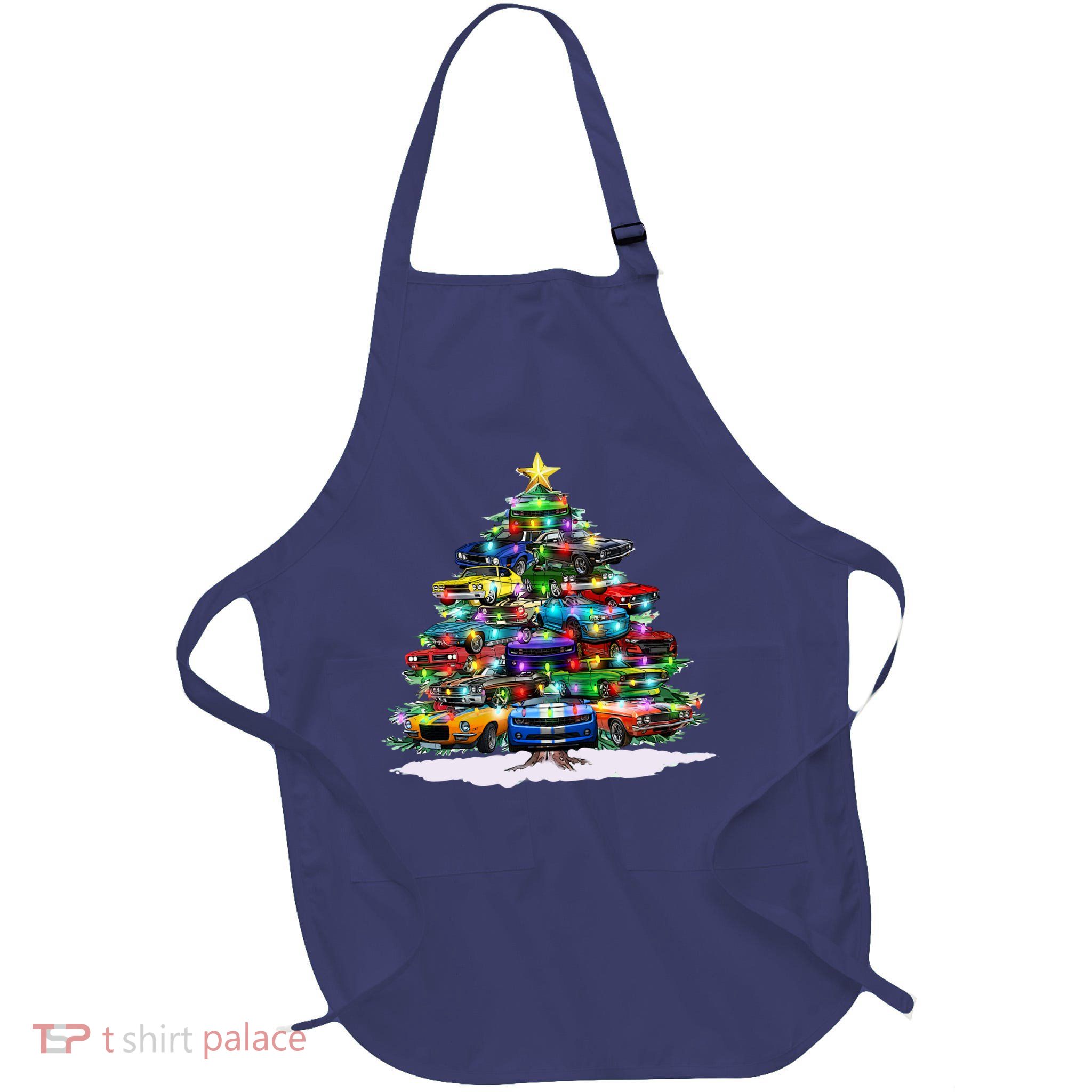 Funny Christmas Muscle Car Christmas Tree Full-Length Apron With Pockets