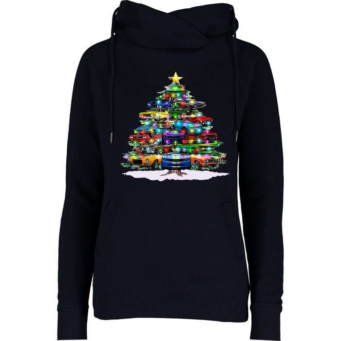 Funny Christmas Muscle Car Christmas Tree Womens Funnel Neck Pullover Hood