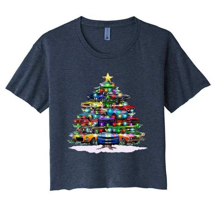 Funny Christmas Muscle Car Christmas Tree Women's Crop Top Tee