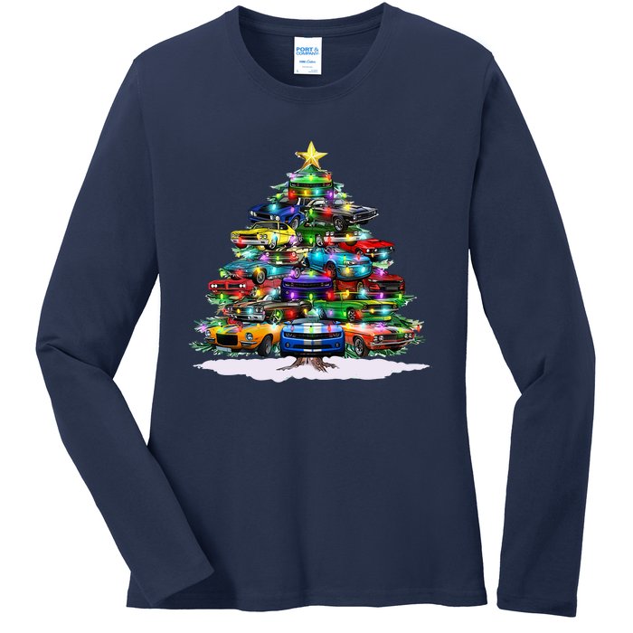 Funny Christmas Muscle Car Christmas Tree Ladies Long Sleeve Shirt