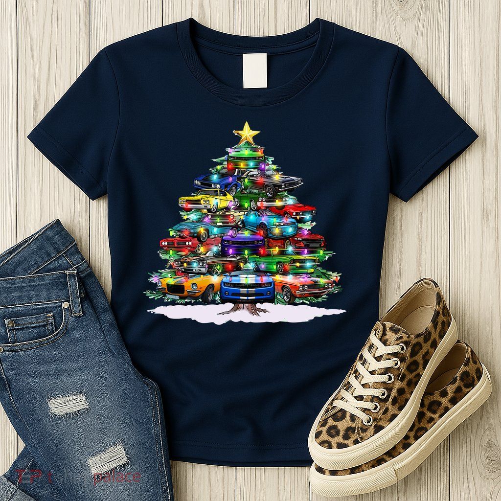 Funny Christmas Muscle Car Christmas Tree Women's T-Shirt