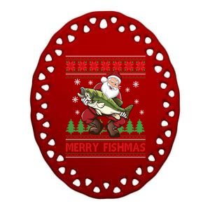 Fishing Christmas Merry Fishmas Sweater Santa Claus Fishing Cute Gift Ceramic Oval Ornament