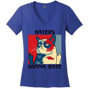 Funny Cat Middle Finger Haters Gonna Hate Gift Women's V-Neck T-Shirt