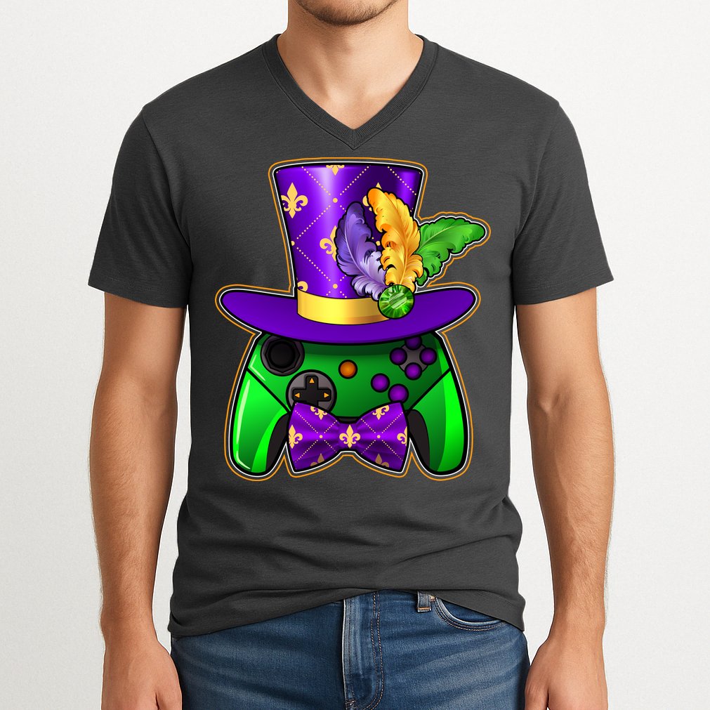 Funny Cool Mardi Gras Video Game Controller Gamer V-Neck T-Shirt