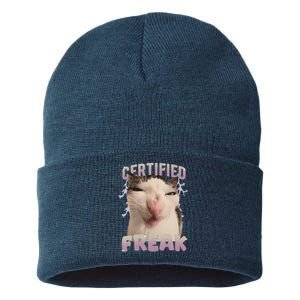 Funny Cat Meme Certified Freak Eat Cement Cursed Cat Sustainable Knit Beanie