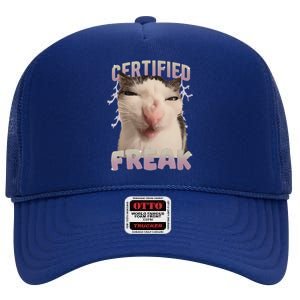 Funny Cat Meme Certified Freak Eat Cement Cursed Cat High Crown Mesh Back Trucker Hat