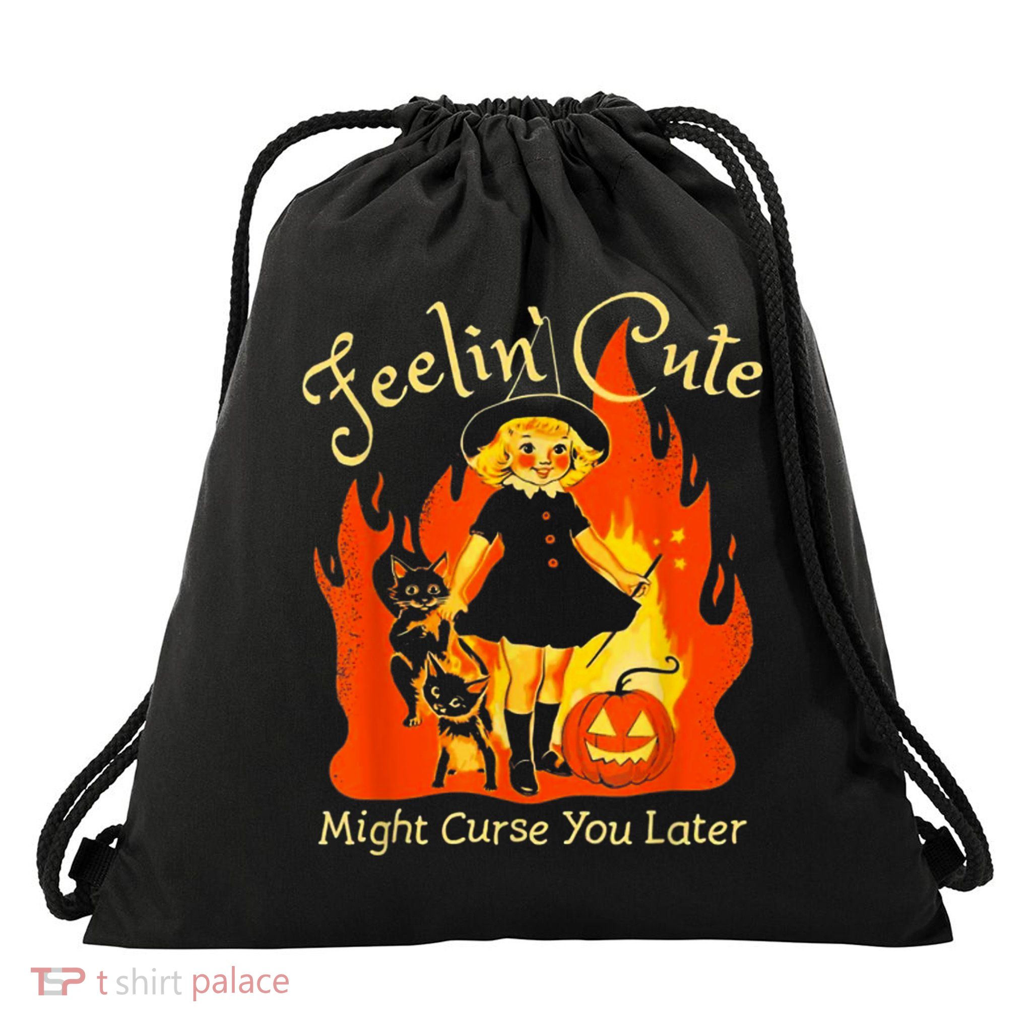 Feeling Cute Might Curse You Later Cute Witch Drawstring Bag
