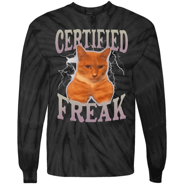 Funny Cat Meme Certified Freak Eat Cement Cursed Cat Tie-Dye Long Sleeve Shirt